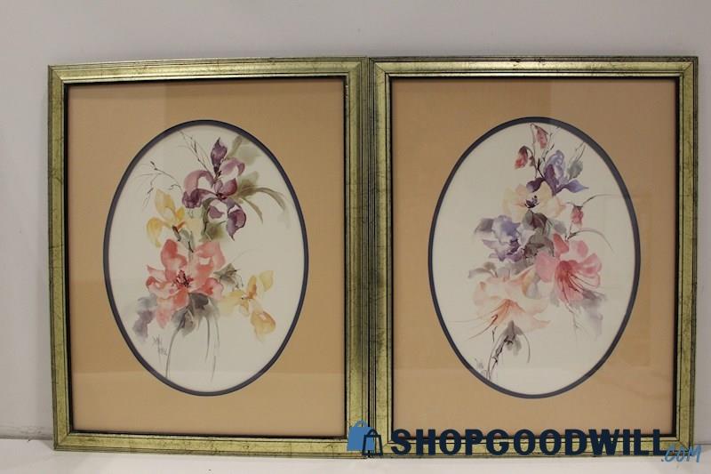 Pair of Framed Watercolor Art Prints Unsinged by Debbie Hearle; Floral Bouquets