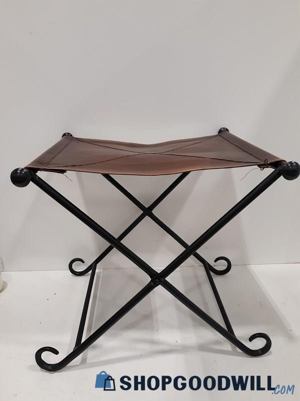 Unbranded Wrought Iron & Leather Folding Stool/Chair 