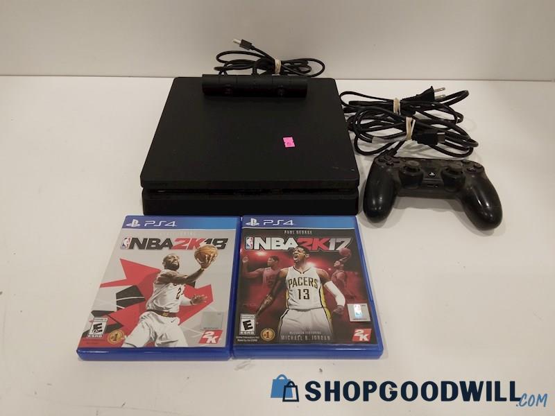 PlayStation 4 Slim Console W/Game, Cords and Controller-powers on