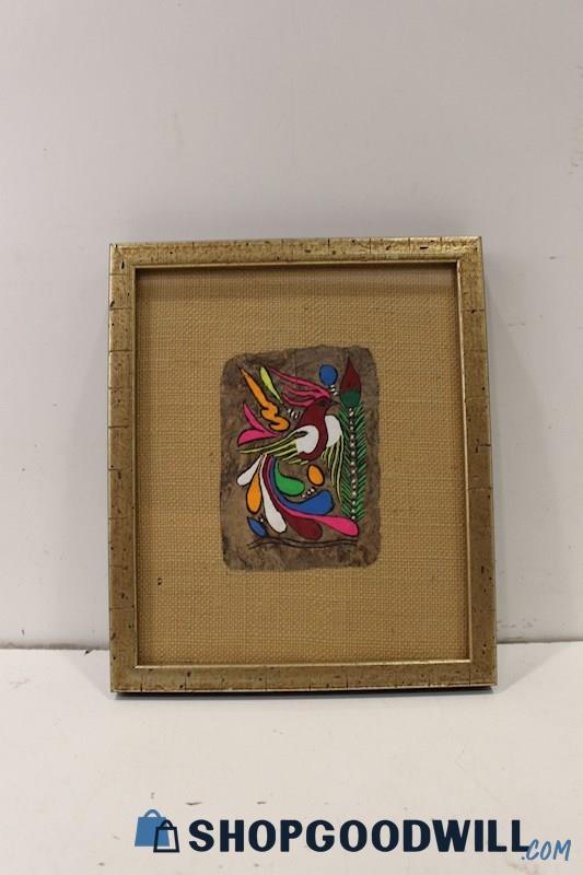 Framed Vtg Mexican Folk Art Bird Painting on Handmade Amate Bark Paper Unsigned