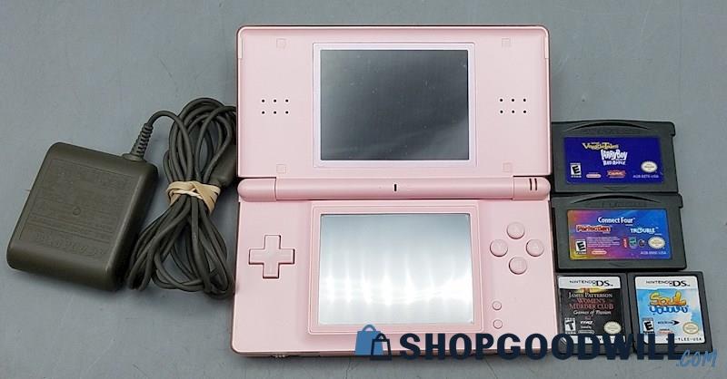 F) Coral Pink Nintendo DS Lite Handheld w/Games & Charger - Tested