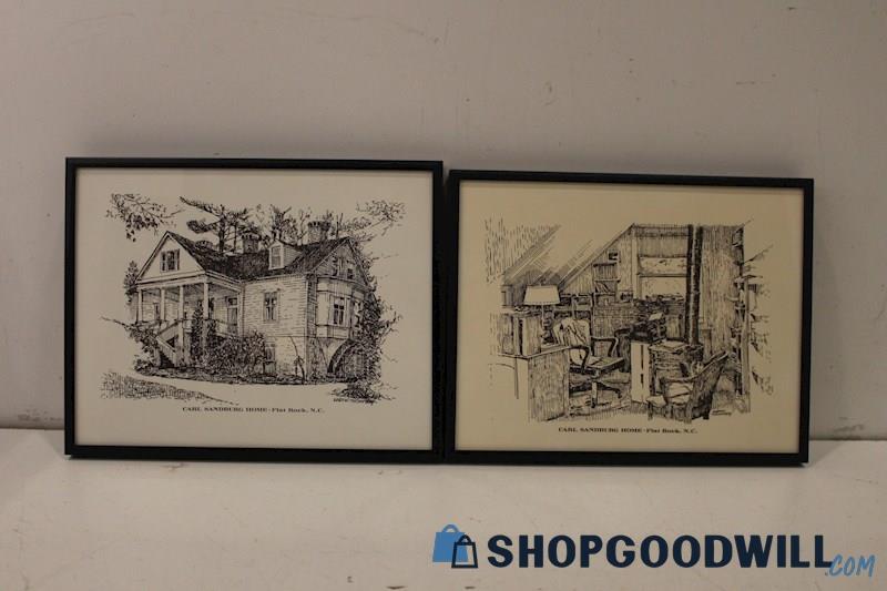 Pair Framed Unsigned Sketch Prints 'Carl Sandburg Home-Flat Rock, NC' M Thompson