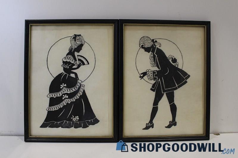 Pair Framed Victorian Silouhettes of Man&Woman on Ink & Parchment Paper Unknown