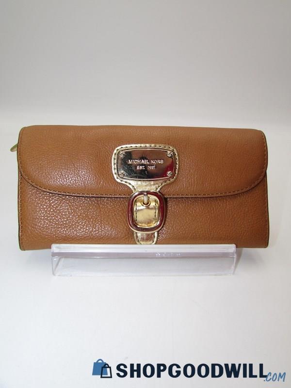 Michael Kors Acorn/Gold Buckle Flap Leather Wallet Handbag Purse