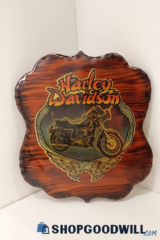 Wood Lacquered Plaque Wall Art w/Harley Davidson Motorcycle Print by Roach