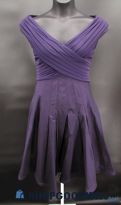 Adrianna Papell Women's Purple Pleated Off The Shoulder Knee Length Gown SZ 12