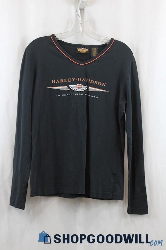 Harley Davidson Women's Black/Orange Logo Graphic Long Sleeve Shirt SZ L
