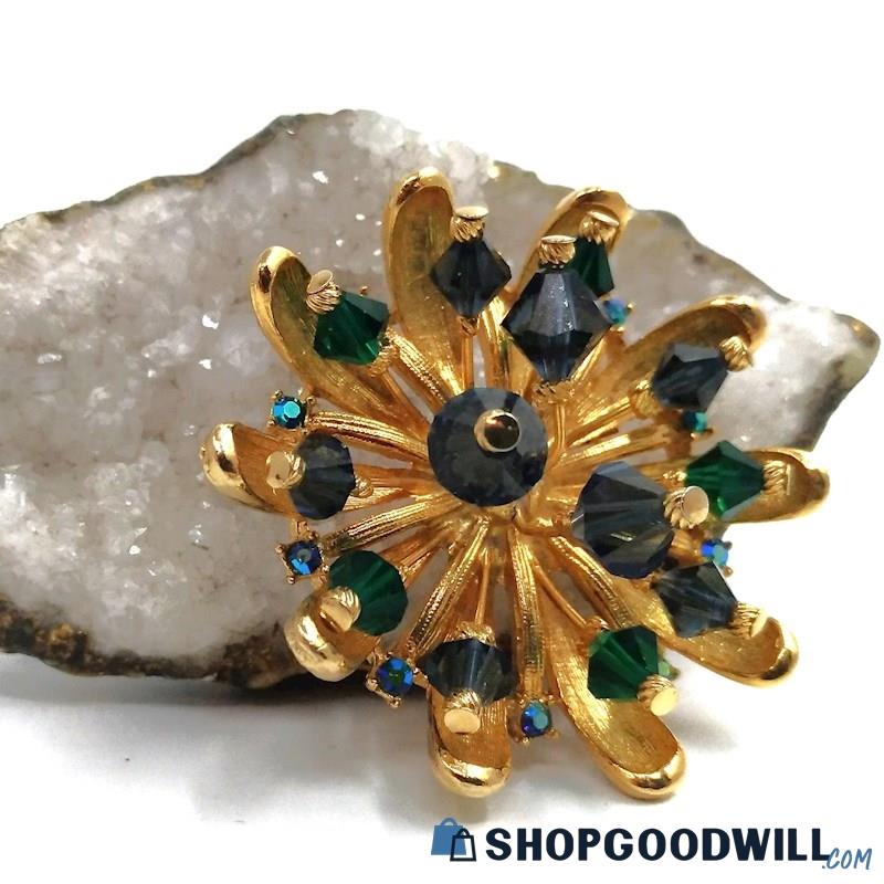 Vintage Signed ART Blue & Green Crystal Bead Flower Brooch 