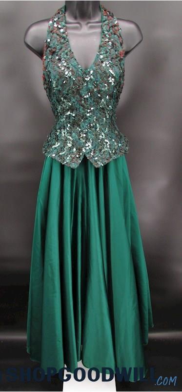 Dave & Johnny Juniors Green Sequin & Lace Halter Top Formal Gown SZ 5