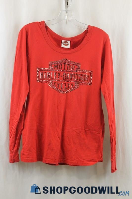 Harley Davidson Women's Red/Silver Gem Logo Long Sleeve Shirt SZ XL