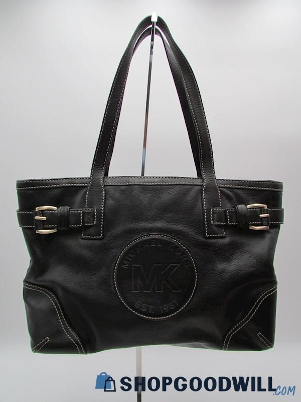 Michael Kors Black Logo Embossed Leather Belted Tote Handbag Purse