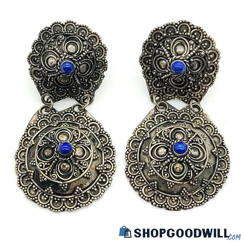 .925 Lapis Lazuli World Traveler Round Dangle Earrings 10.10 Grams