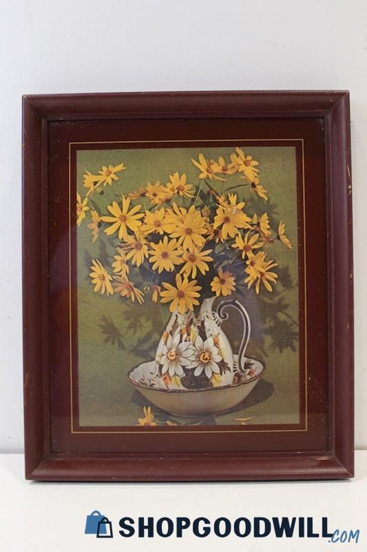 Vtg Framed Art Print by Unknown Artist 'Yellow Daisies in Ceramic Pitcher&Basin'