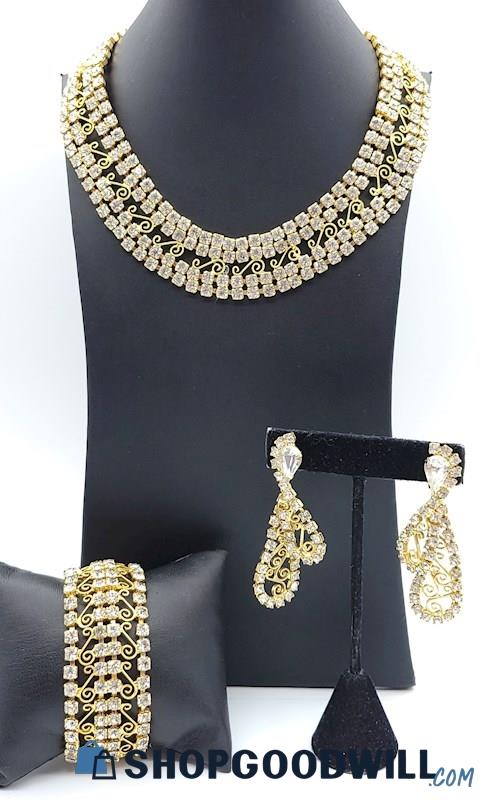 Vintage Gold-Tone Filigree Rhinestone Bracelet, Earrings and Necklace Set
