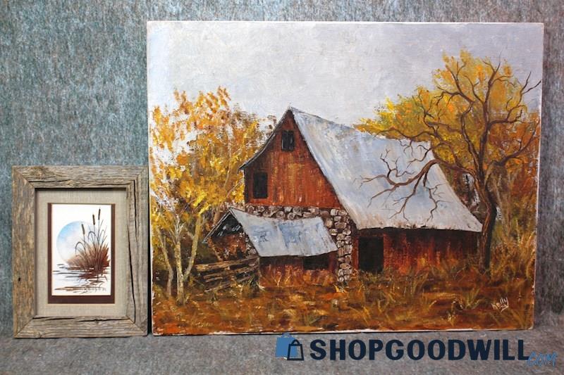 2 Autumn Barn Canvas Painting+Original Moon Water Watercolor Painting Signed Art
