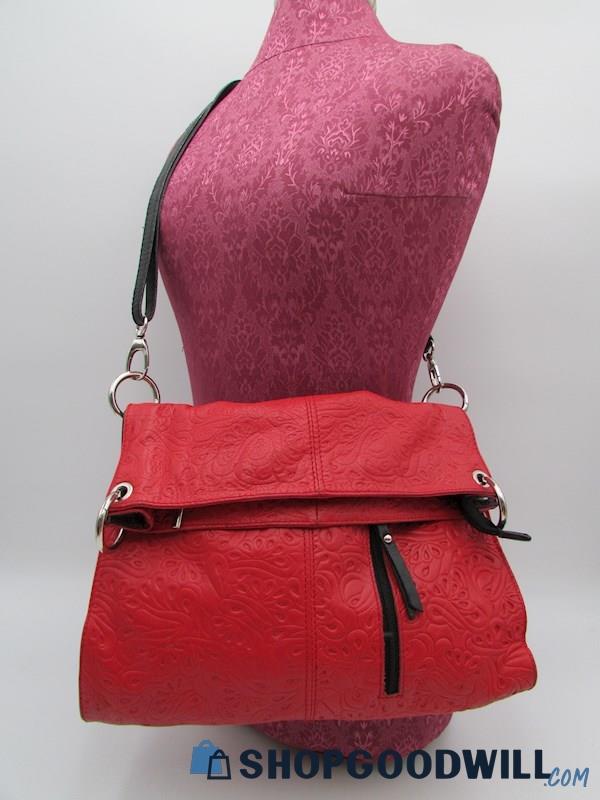 Venezia Red Floral Tooled Leather Fold-Over Crossbody Handbag Purse