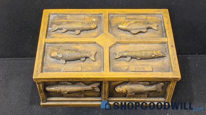 Vintage Brown Wooden Resin Aquatic Fish Jewelry Box/Organizer Lake Cabin Decor