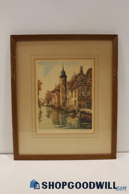 Framed Colored Etching Print Signed by Artist of Old Bruges Belgium 