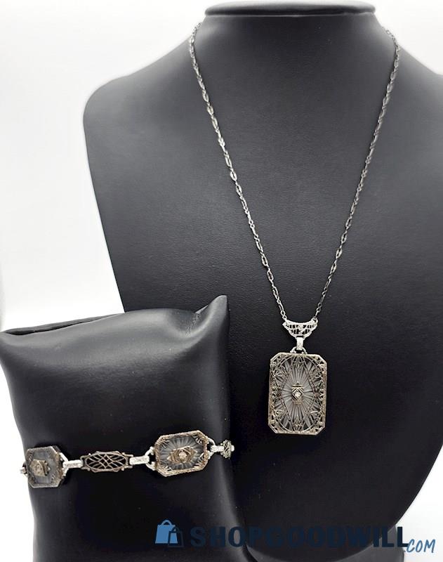 Vintage Camphor Glass & Rhinestone Necklace & Bracelet 