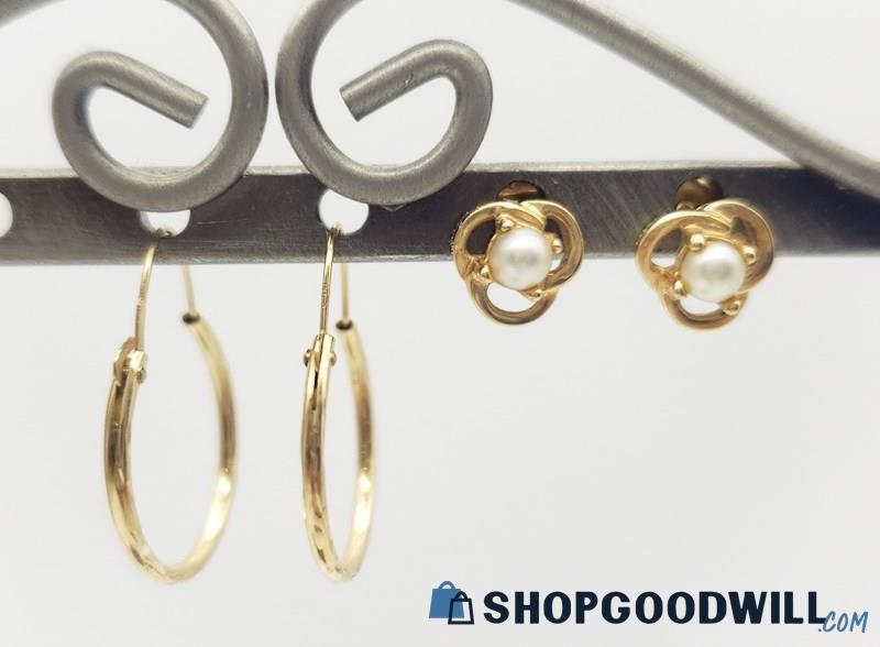 14K Yellow Gold Hoop & Cultured Pearl Earrings 1.15grams