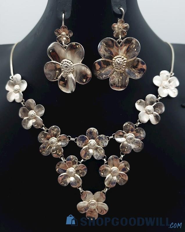 .925 Artisan Flower Necklace & Earring Set 20.37grams