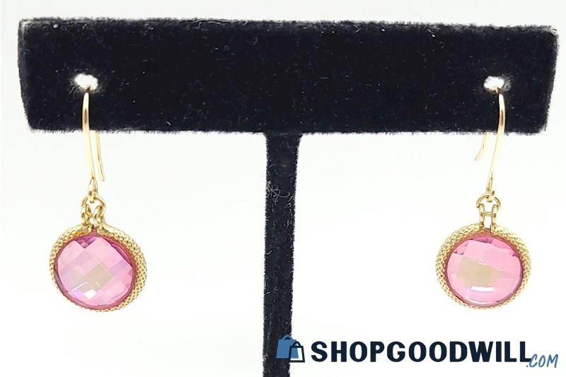 14K YG Double Side Accordion Cut Round Pink Stone Earrings 2.66 Grams