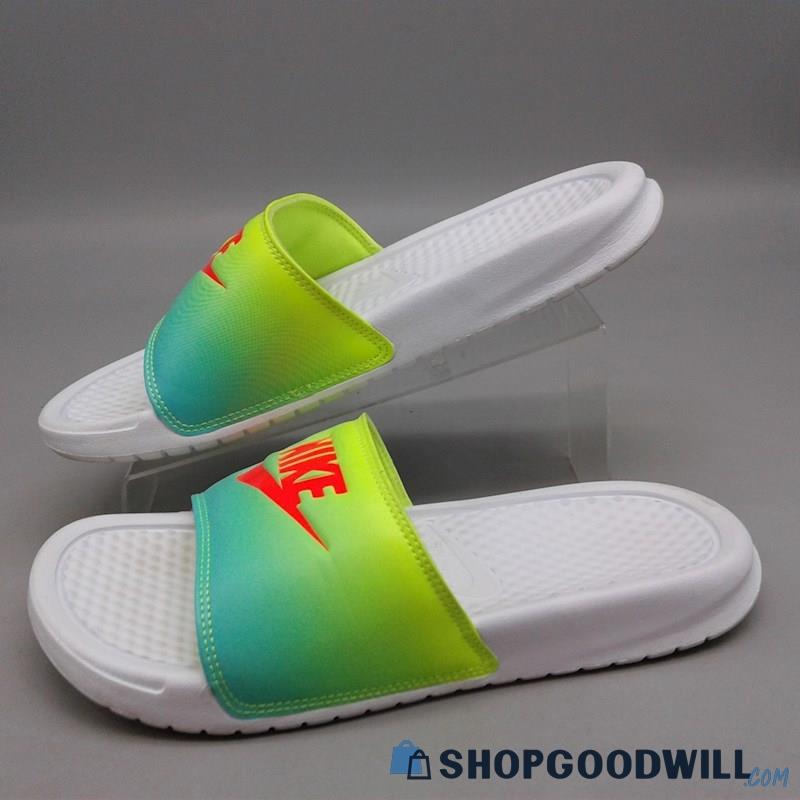 Nike Women's Benassi Yellow/Green/Orange Logo Slide Sandal Sz 8