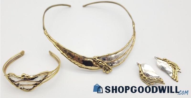 .925/Brass 2-Tone Artisan Necklace, Bracelet, & Earrings Set 37.93grams