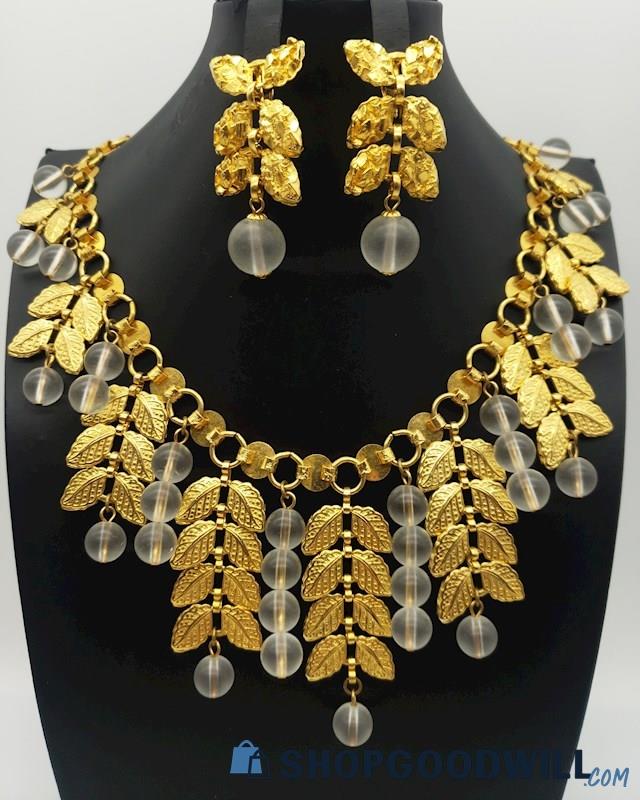 Gold-Tone Nugget Leaf Acrylic Bead Dangle Necklace & Earring Set 