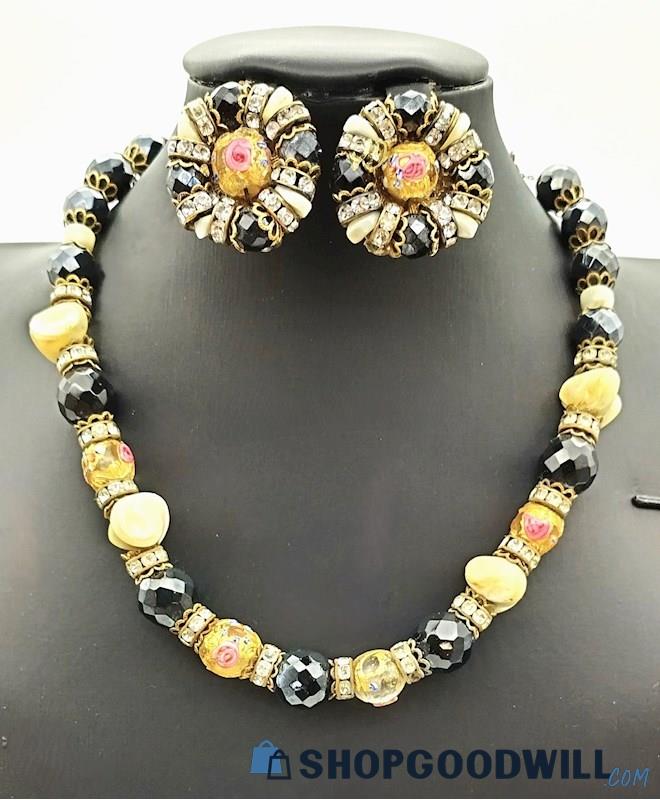 HOBE MOP Painted Glass & Crystal Vintage Necklace & Earring Set 