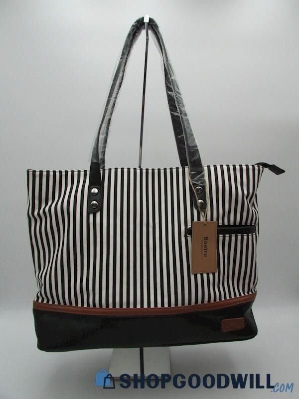 NWT Boetru Black Striped Canvas Laptop Tote/Wristlet Handbag Purse
