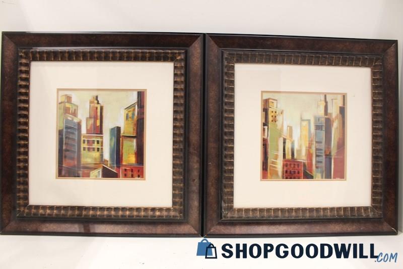 Pair Framed Colorful Abstract Art Prints Unsigned by Giovanni; 'High Rise I&II'