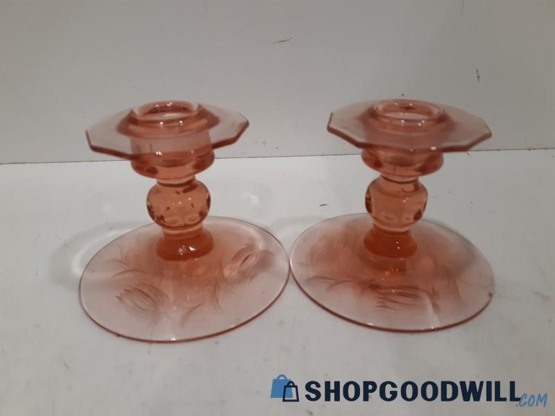 2 Unbranded Depression Glass Pink Candle Holders 