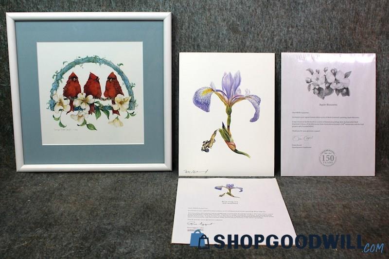 3 Cardinal Bird+Iris Apple Blossom Flower Nature Wildlife Print Signed Art Decor