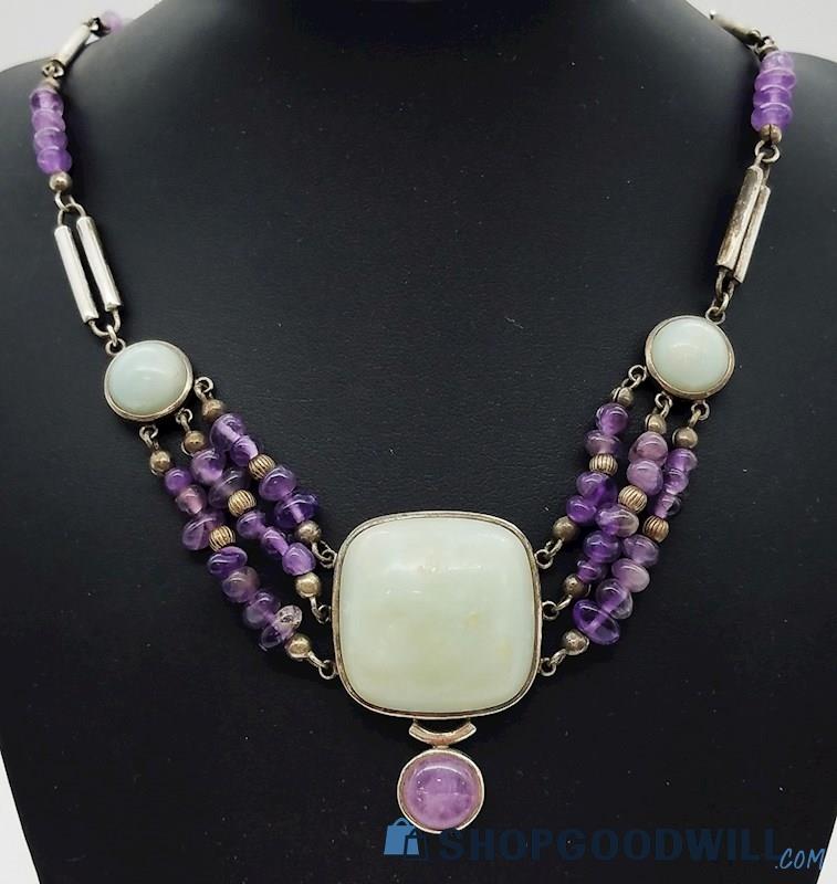.925 Vintage Amethyst & Chalcedony Necklace   54.18 Grams