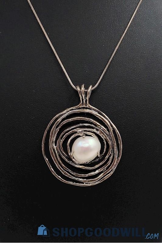 .925 Cultured Pearl Eye/Nest Pendant Necklace 12.68 Grams 