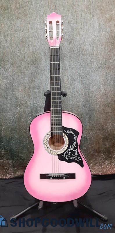 Bridgecraft Pink Sunburst 6 String Acoustic Guitar w/Strap