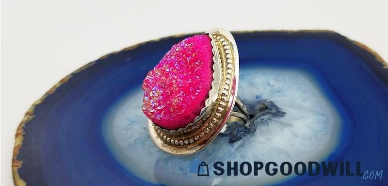 .925 Signed Southwest Style Hot Pink Druzy Ring - Size 7,   12.10 Grams