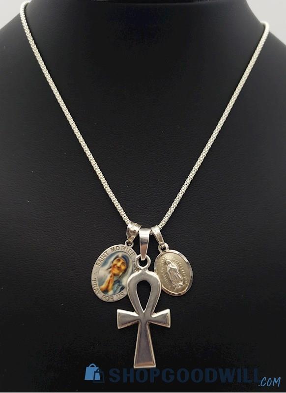.925 Ankh Cross & Religious Medals Necklace 8.48grams