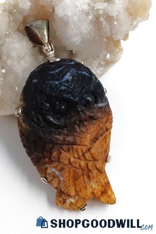 .925 STARBORN Carved Fossil Palm Wood Owl Pendant NWT 16.80 Grams 