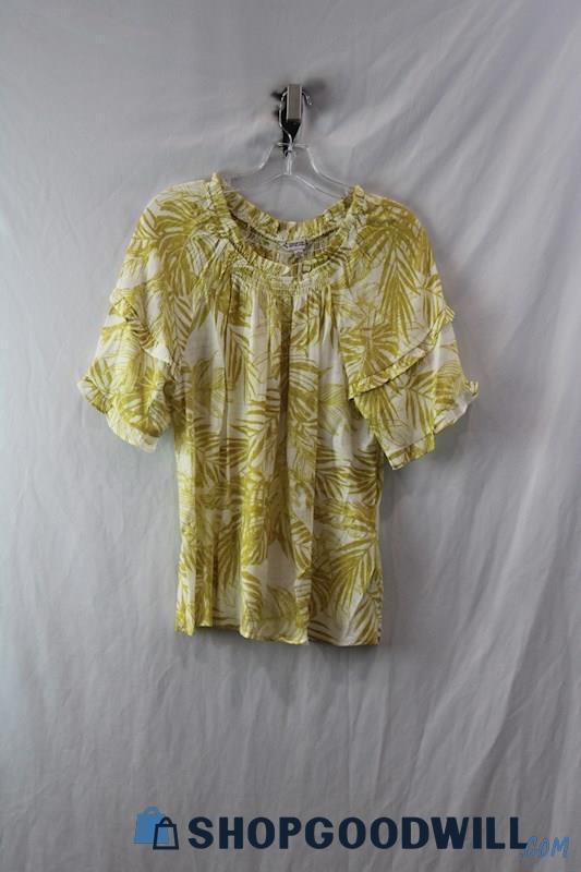 Nanette Women's Yellow/White Leaf Pattern Ruffle Sleeve Shirt SZ M