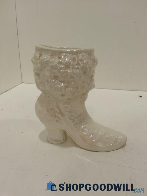 Vtg G.H. Signed White Floral Ceramic Boot