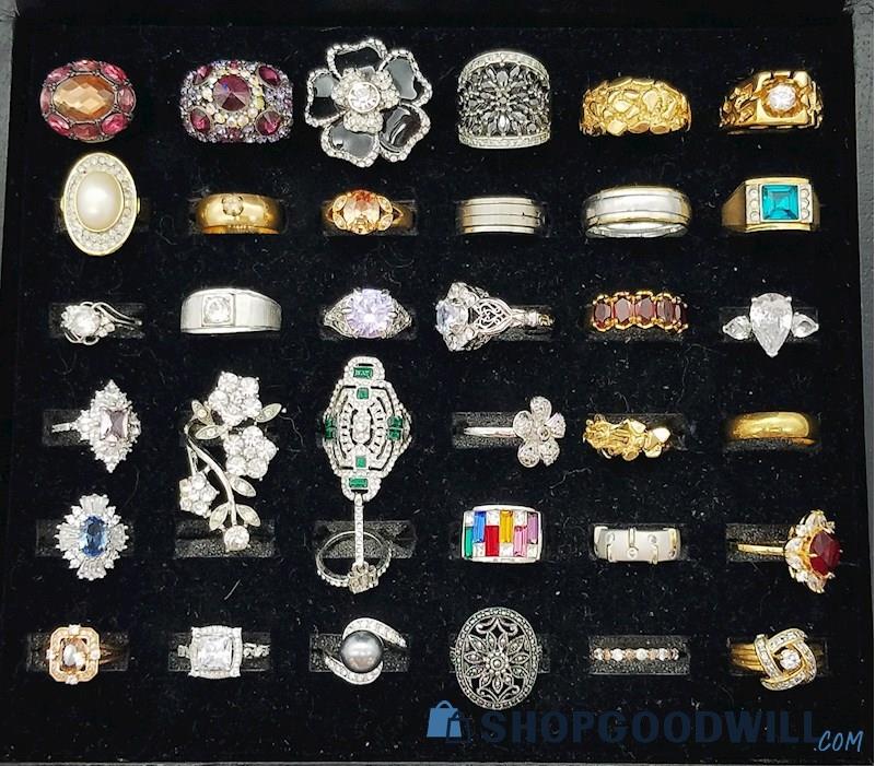 Costume Jewelry Ring Collection In Storage Box 