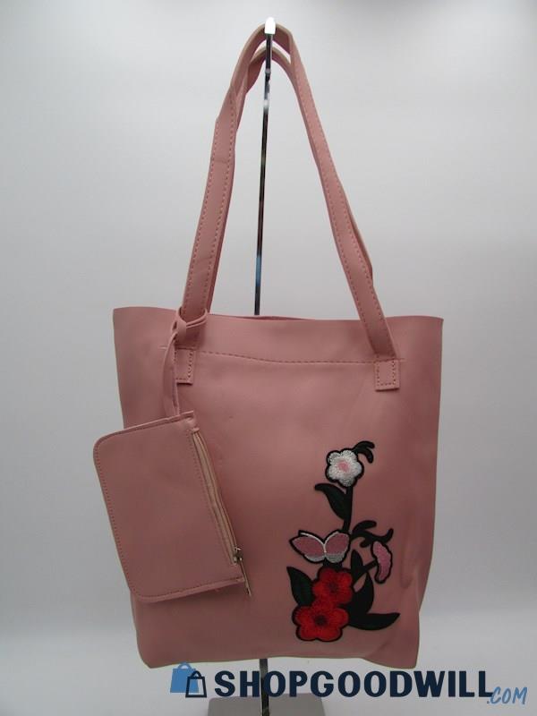 Unbranded Bubblegum Pink Floral Applique Tote/Wristlet Handbag Purse