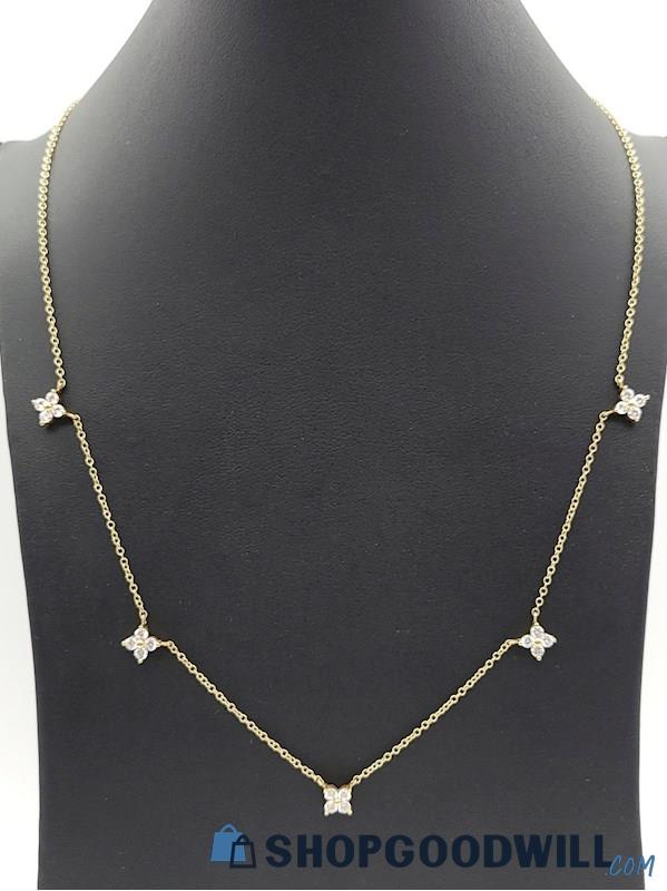 14K CZ Dainty Flower Station Necklace with Extension Chain 3.24 Grams