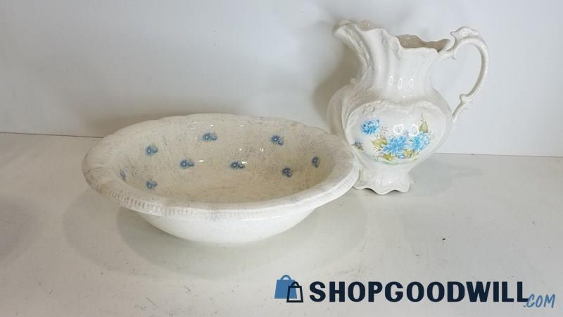 1987 Anne Yocum Ceramic Pottery Pitcher & Bowl W/ Blue Flowers Vintage Signed