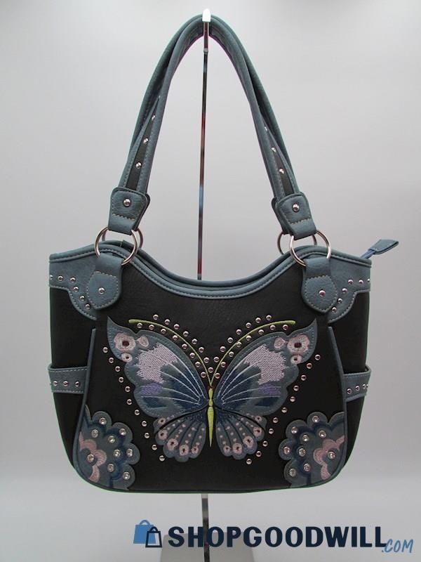 Texas West Blue/Multi Butterfly Embellished Shoulder Handbag Purse
