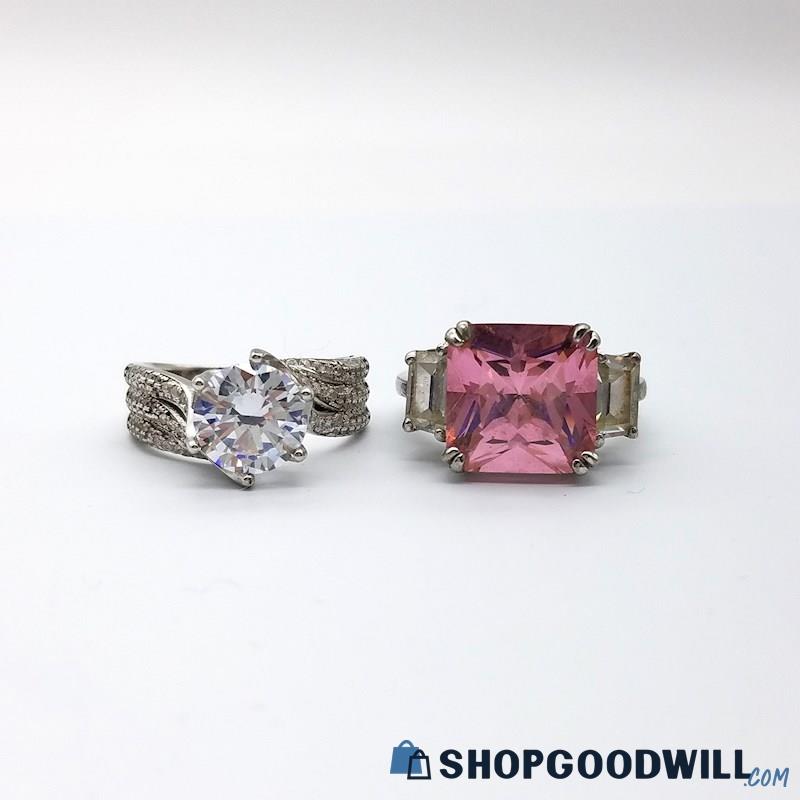 .925 Large Pink And Clear CZ Rings (2, Size 8) ~ 13.76 Grams 