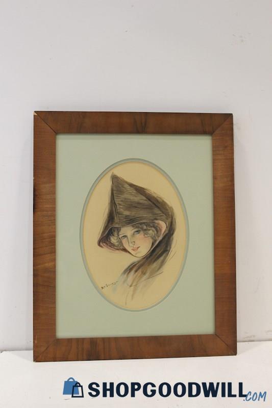 Mrs. Snively Signed Framed Watercolor & Pen Drawing Portrait of Hooded Woman