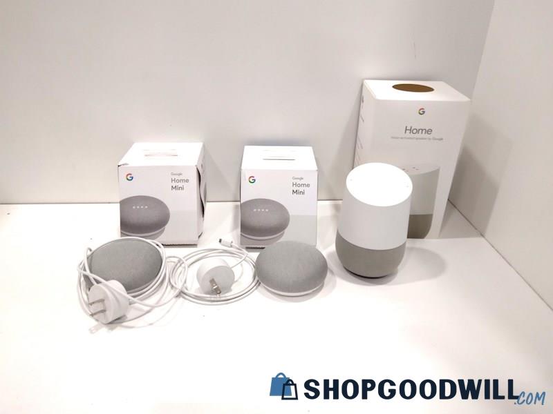 Google Home w/google home mini smart speakers-powers on